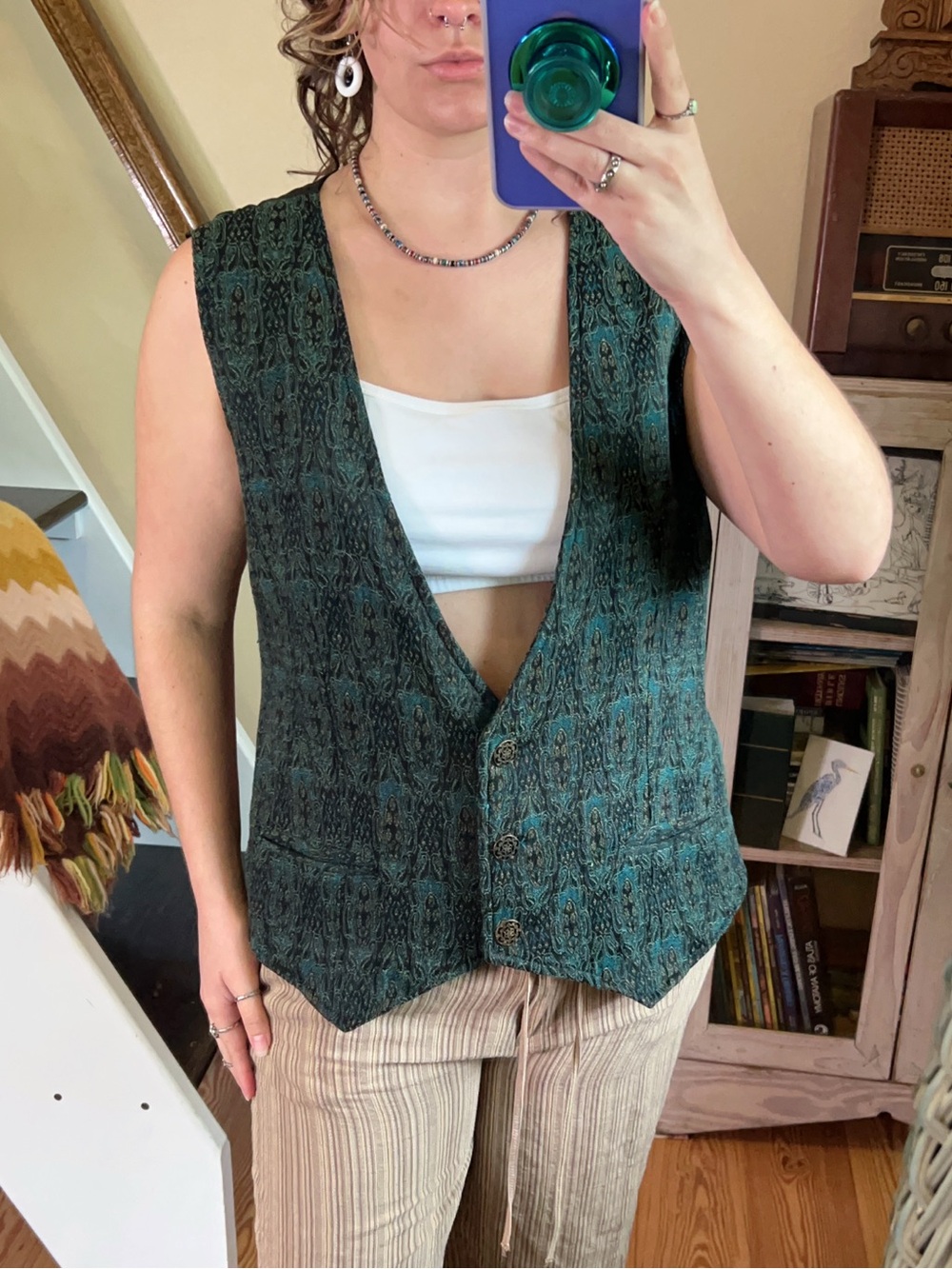 Vintage Green Tapestry Button Up Vest Whimsygoth Boho Preppy Academia Women’s XL
